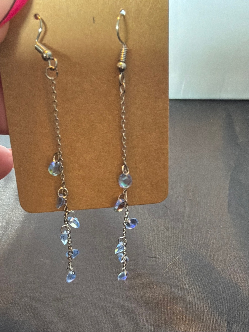 Delicate  Chain Drop Earrings with Iridescent Blue Crystal Dangles